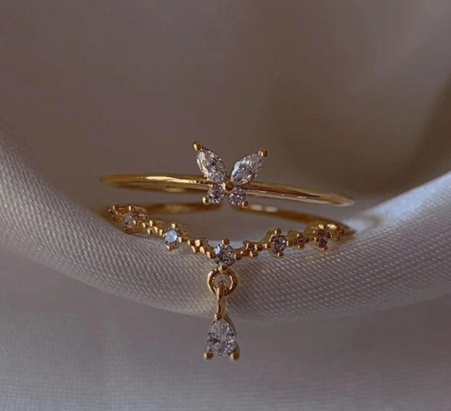 Retro Multi-element Cute And Sweet Pink Heart-shaped Butterfly Flower Open Ring