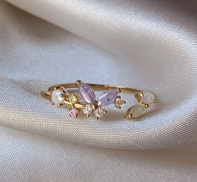 Retro Multi-element Cute And Sweet Pink Heart-shaped Butterfly Flower Open Ring