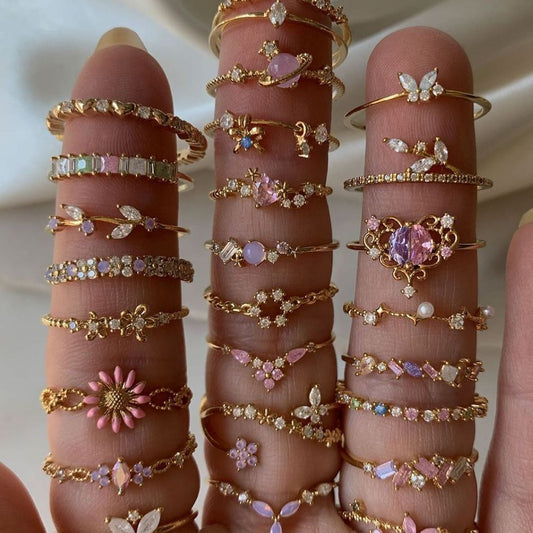 Retro Multi-element Cute And Sweet Pink Heart-shaped Butterfly Flower Open Ring